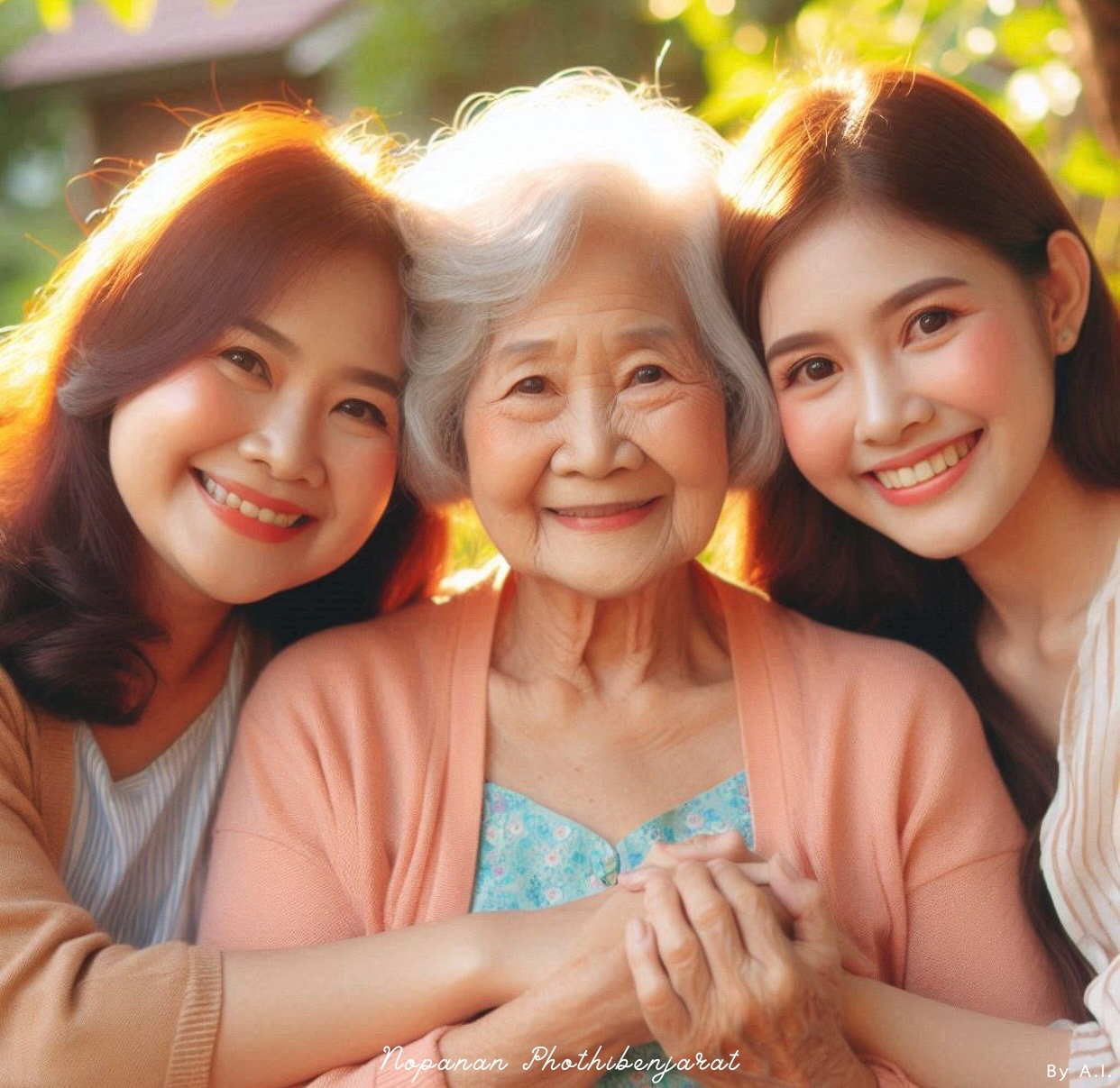 ภาพนี้แสดงถึงความรักและความอบอุ่นของครอบครัวที่มีคุณยาย คุยกันและยิ้มให้กัน สื่อถึงความอบอุ่นในความสัมพันธ์สามเจนเนอเรชั่น
