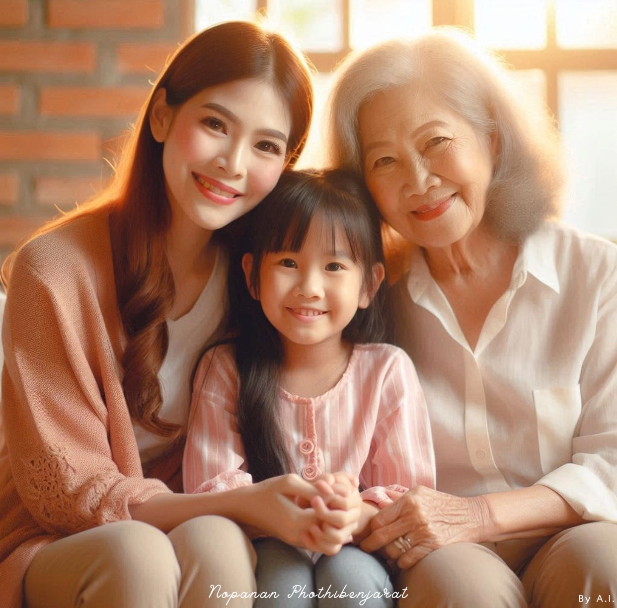 ภาพความรักระหว่างสามรุ่นในครอบครัว แสดงให้เห็นถึงความอบอุ่นและความสัมพันธ์ที่แน่นแฟ้นระหว่างคุณแม่ ลูกสาว และคุณยาย
