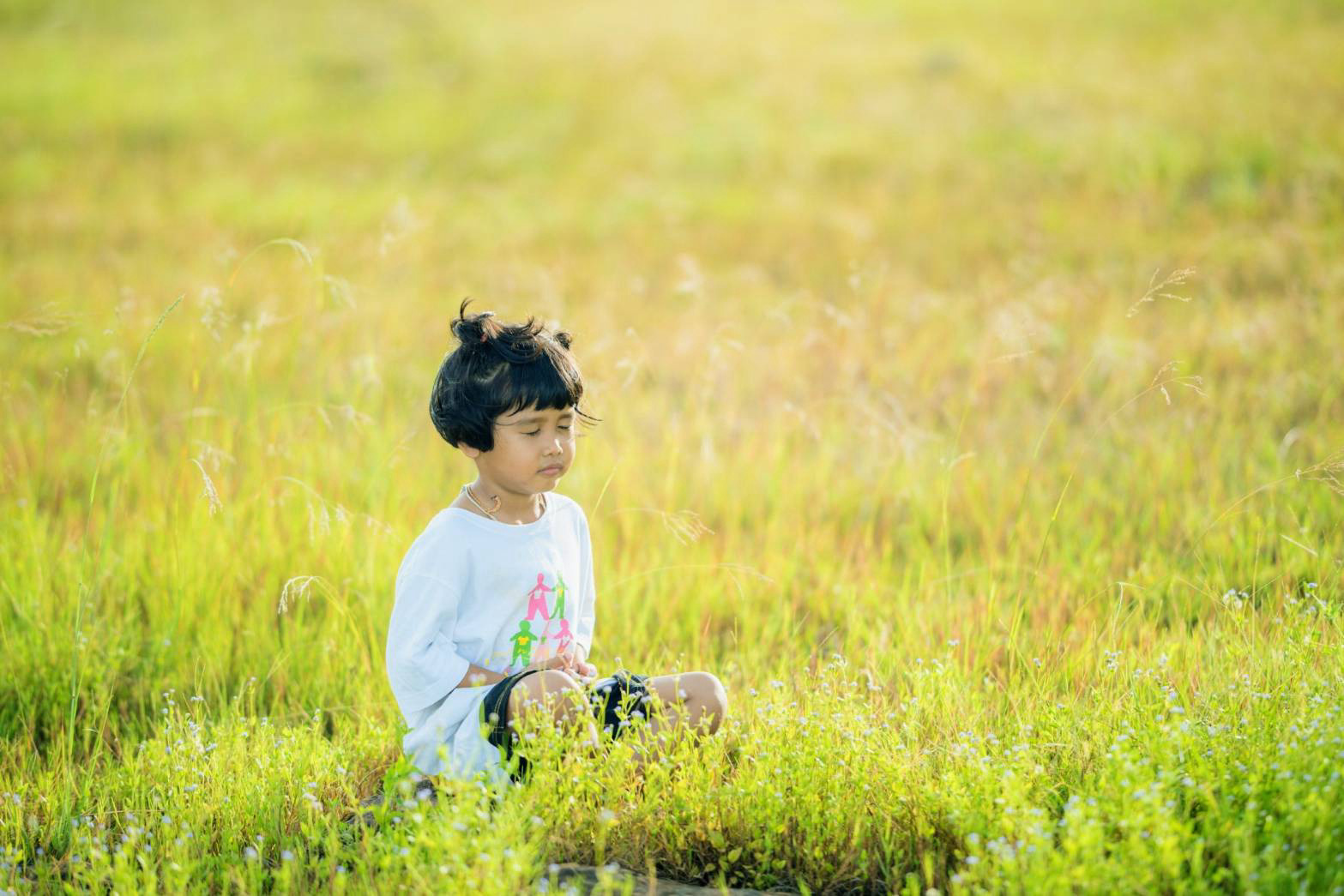 เด็กน้อยนั่งอยู่ท่ามกลางทุ่งหญ้า
