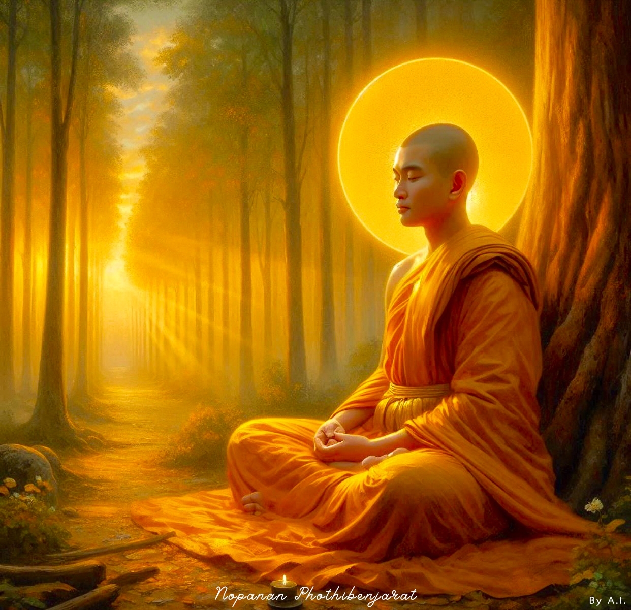 ภาพพระสงฆ์นั่งสมาธิโดยมีแสงสว่างเหนือศีรษะในบรรยากาศของธรรมชาติที่เงียบสงบ เป็นสัญลักษณ์ของความสงบสุขและการทำสมาธิในวิถีพุทธ.