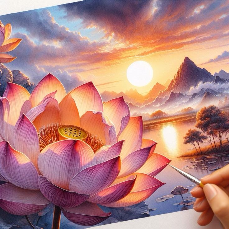 ภาพวาดที่สวยงามของดอกบัวขนาดใหญ่ในยามพระอาทิตย์ตก ทิวทัศน์ที่มีภูเขาและน้ำสะท้อนแสงทองคำจากพระอาทิตย์