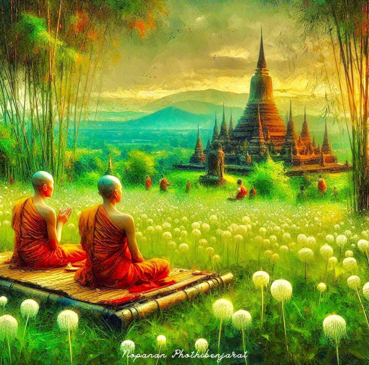 ภาพพระสงฆ์สองรูปกำลังนั่งสมาธิในสวนที่มีดอกไม้และทัศนียภาพที่งดงาม มีวัดและเจดีย์ในพื้นหลัง เป็นภาพที่บ่งบอกถึงความสงบและวิถีชีวิตตามหลักพุทธศาสนาในประเทศไทย