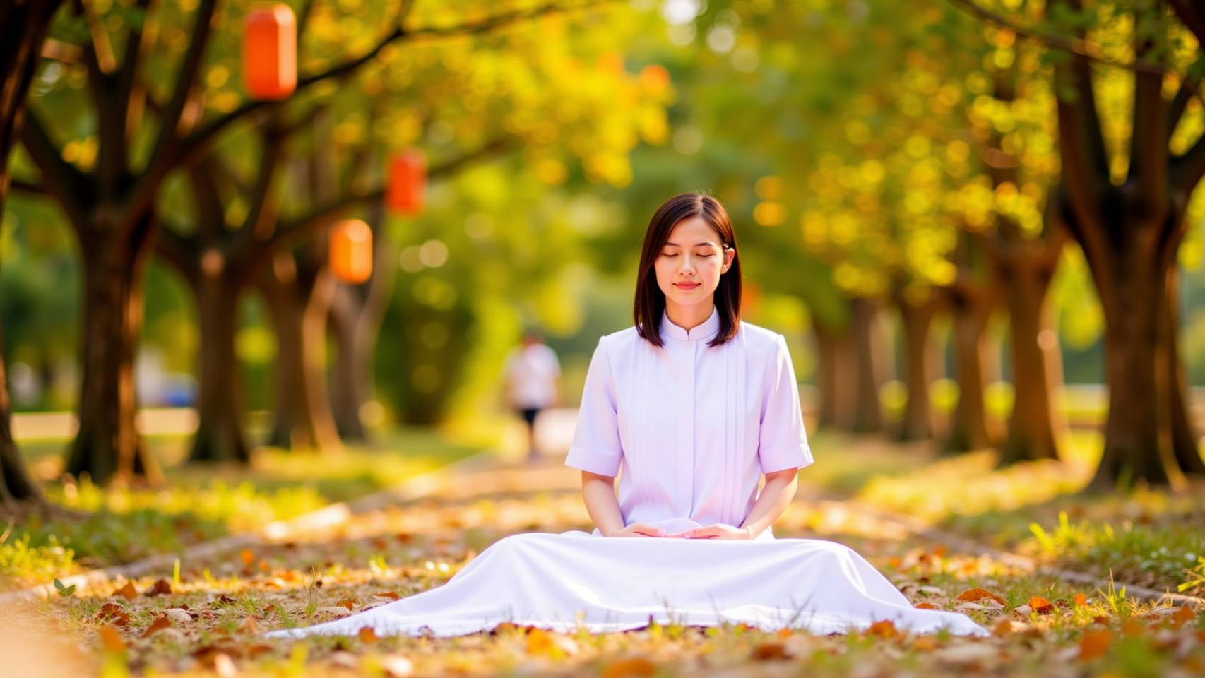 ภาพการทำสมาธิในบรรยากาศธรรมชาติที่สวยงาม โดยมีผู้หญิงนั่งทำสมาธิท่ามกลางต้นไม้และใบไม้ที่เปลี่ยนสี สร้างความรู้สึกสงบและเป็นสุข