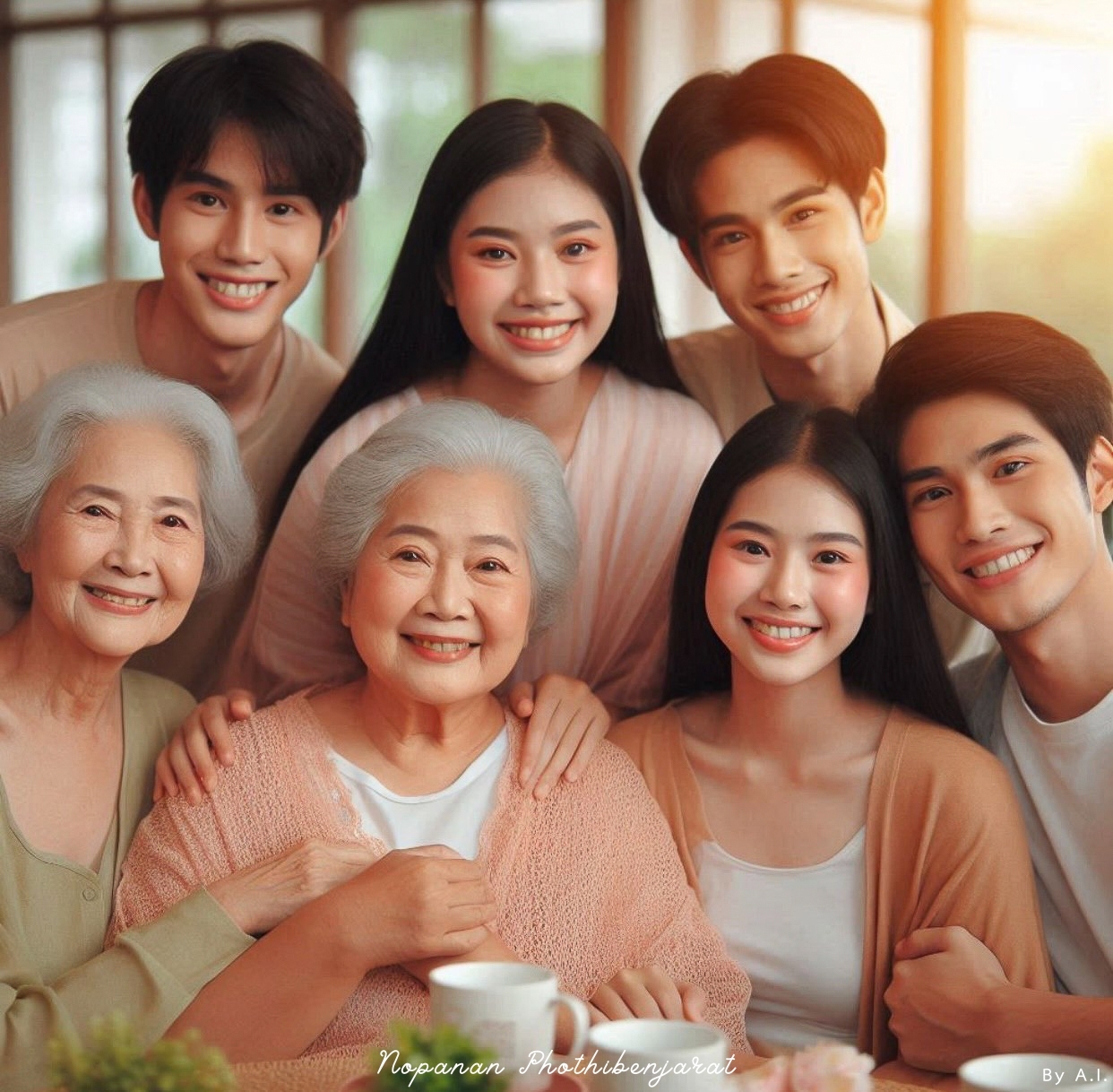 ภาพครอบครัวที่เต็มไปด้วยความรักและความอบอุ่นจากคนทุกวัย ภาพนี้สะท้อนถึงสายสัมพันธ์และการเฉลิมฉลองในครอบครัว