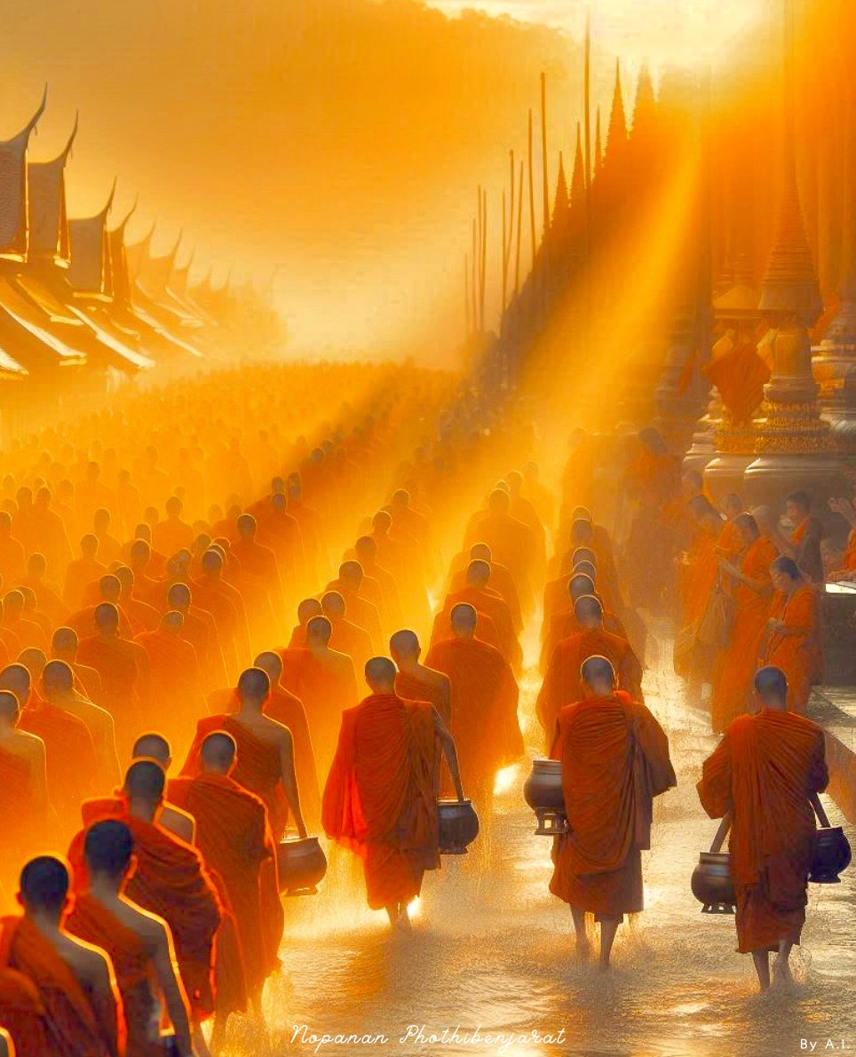 ภาพของพระสงฆ์จำนวนมากเดินบิณฑบาตในช่วงเช้า ท่ามกลางแสงอาทิตย์ที่ส่องสว่าง ทำให้เกิดบรรยากาศที่สงบและงดงาม