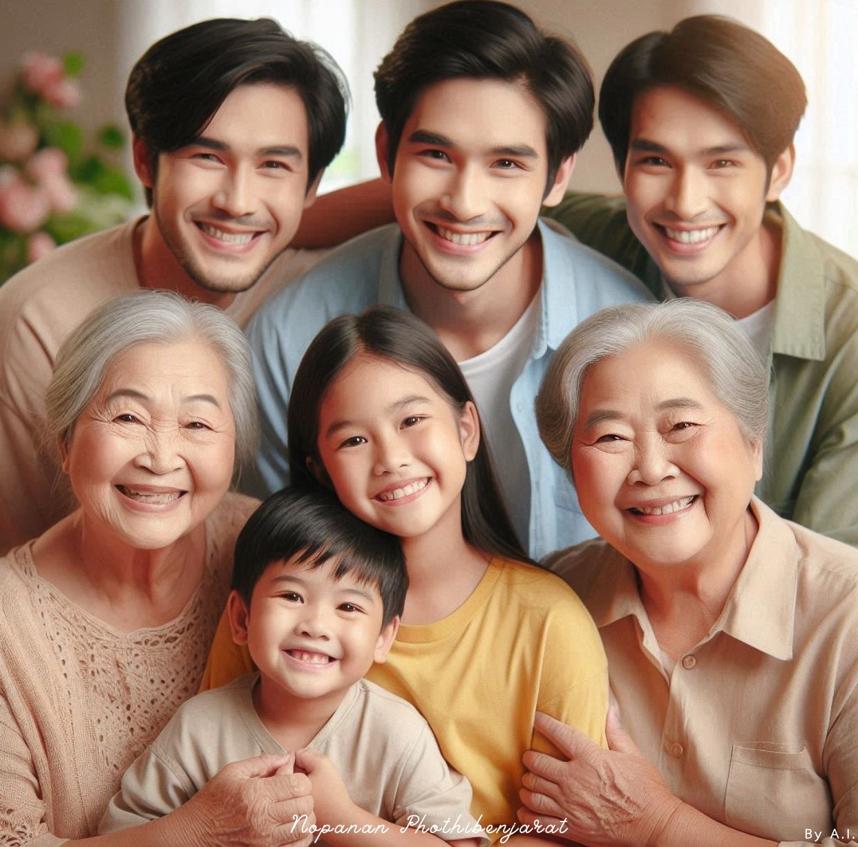 ภาพของครอบครัวที่เต็มไปด้วยความอบอุ่นและความสุข มีสมาชิกหลากหลายวัยตั้งแต่เด็กจนถึงผู้สูงอายุ แสดงถึงความรักและความสัมพันธ์ที่แน่นแฟ้นภายในครอบครัว