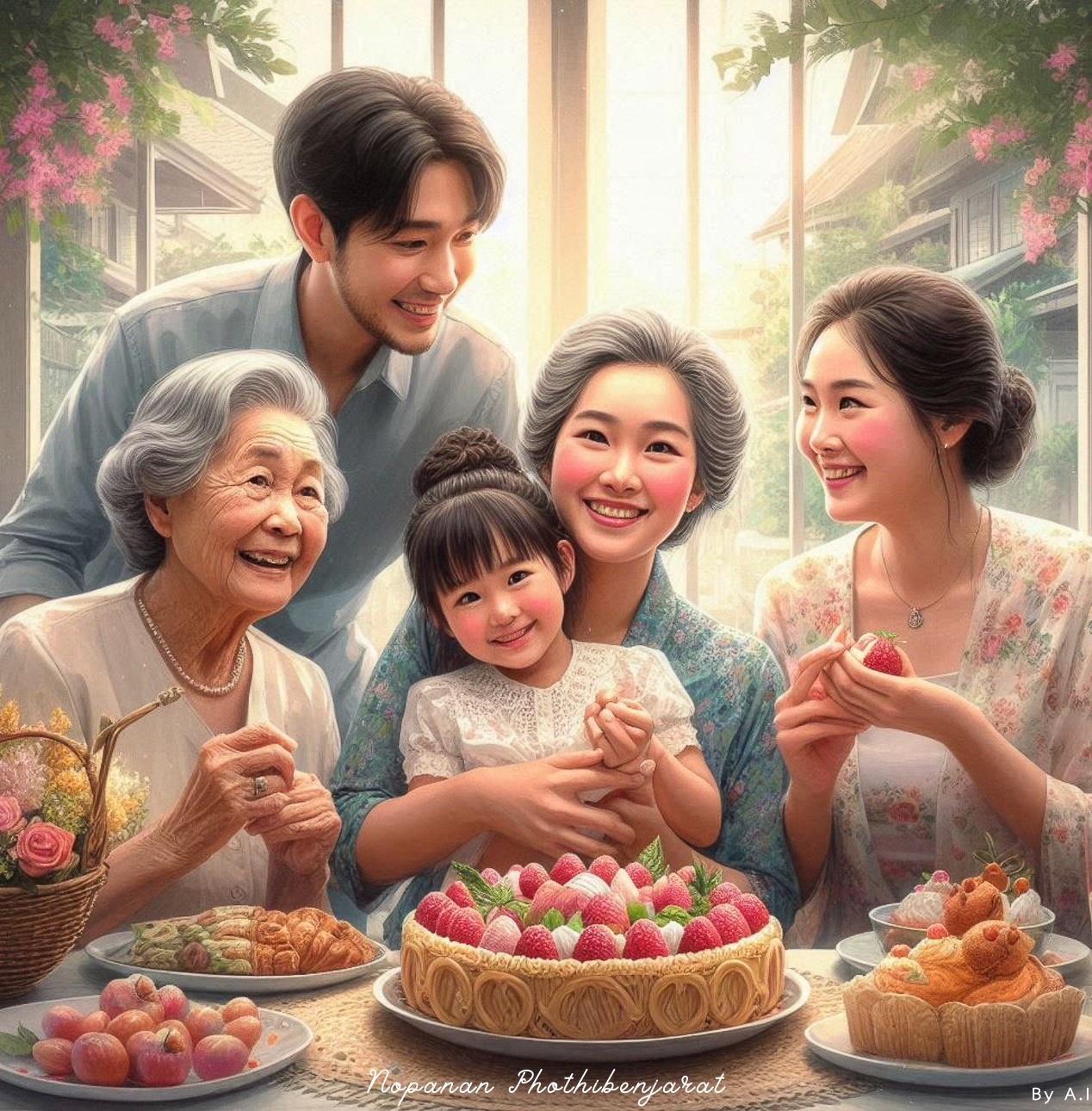ภาพนี้แสดงถึงความสุขของครอบครัวที่มาใช้เวลาอยู่ร่วมกันในบรรยากาศที่อบอุ่น พร้อมกับขนมหวานและอาหาร โดยมีผู้หญิงหลายเจนเนอเรชั่นที่ร่วมกันเฉลิมฉลองและสร้างความทรงจำที่มีค่า