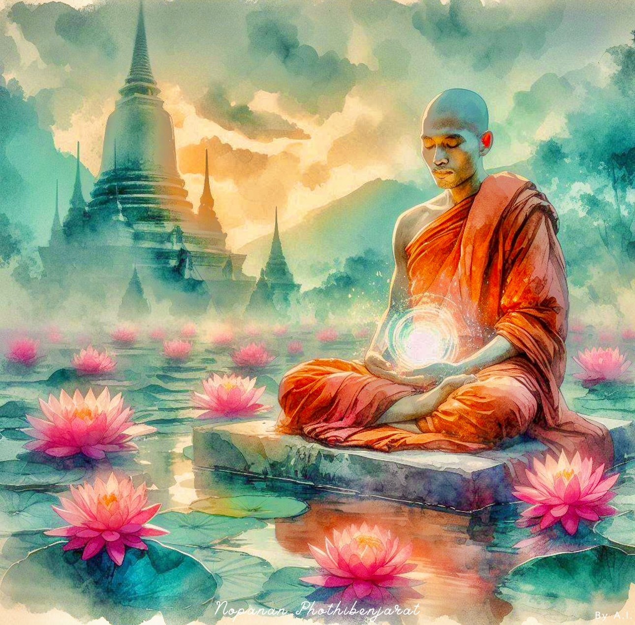 ภาพวาดพระภิกษุที่นั่งในท่ามกลางน้ำและดอกบัว โดยมีพระปรางค์และทิวทัศน์ที่งดงาม สื่อถึงความสงบและการเข้าถึงจิตวิญญาณ