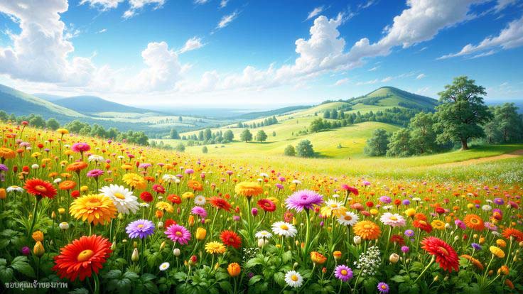 ภาพทุ่งดอกไม้ที่เต็มไปด้วยสีสันสดใสในฤดูใบไม้ผลิ กลางทิวทัศน์ที่งดงามของภูเขาและท้องฟ้าสีฟ้า มอบความรู้สึกของความสงบและความมีชีวิตชีวา