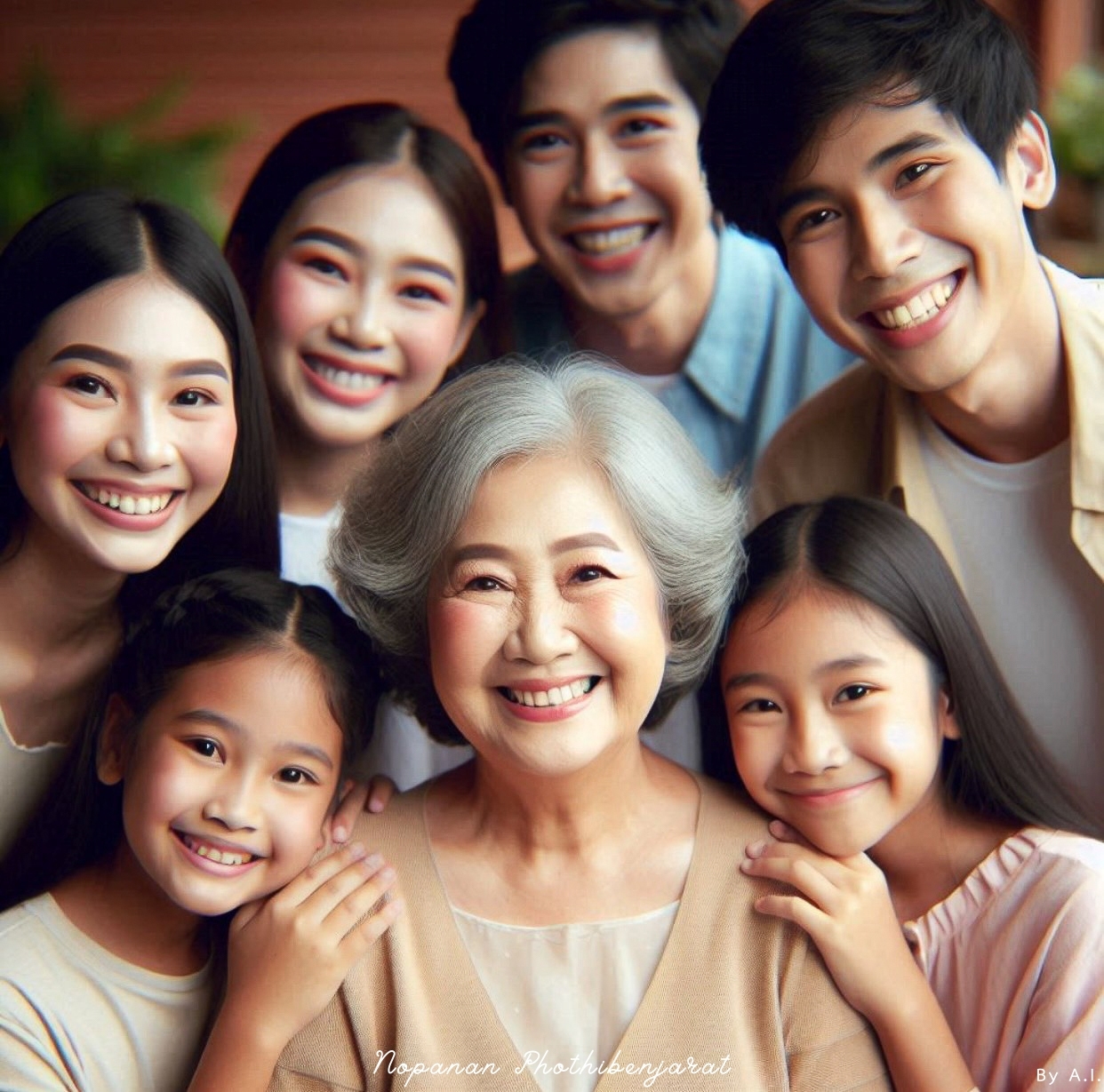 ภาพถ่ายที่แสดงถึงความสุขและความรักในครอบครัว มีสมาชิกครอบครัวหลายคนรวมตัวกันในบรรยากาศที่อบอุ่น