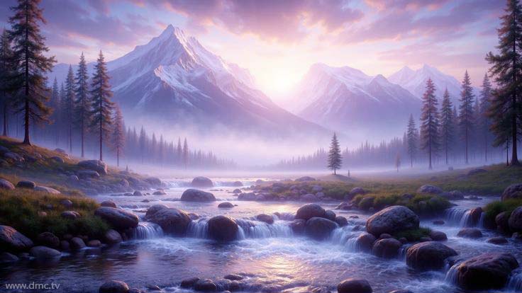 ภาพทิวทัศน์ที่สวยงาม ชวนให้รู้สึกถึงความสงบของธรรมชาติ ภูเขาสูงล้อมรอบด้วยป่าไม้เขียวขจีและลำธารที่ไหลผ่าน