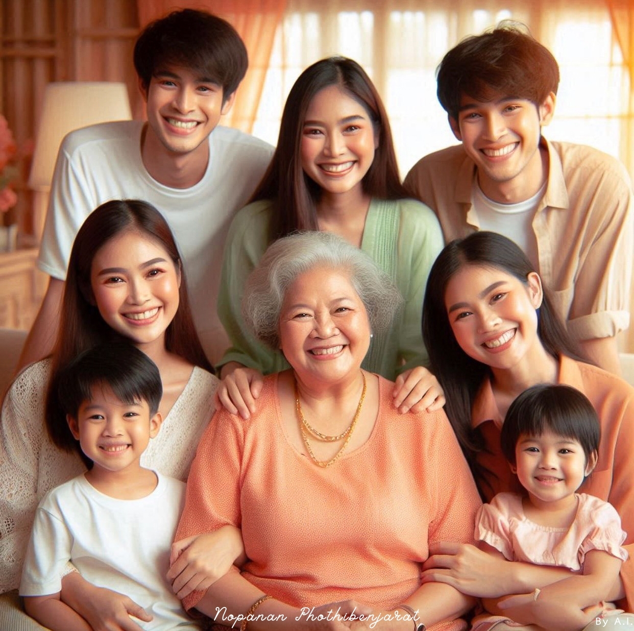 ภาพถ่ายของครอบครัวที่แสดงออกถึงความรักและความสัมพันธ์ที่อบอุ่น โดยมีสมาชิกหลากหลายช่วงวัยมารวมตัวกันในบรรยากาศที่เป็นมิตร