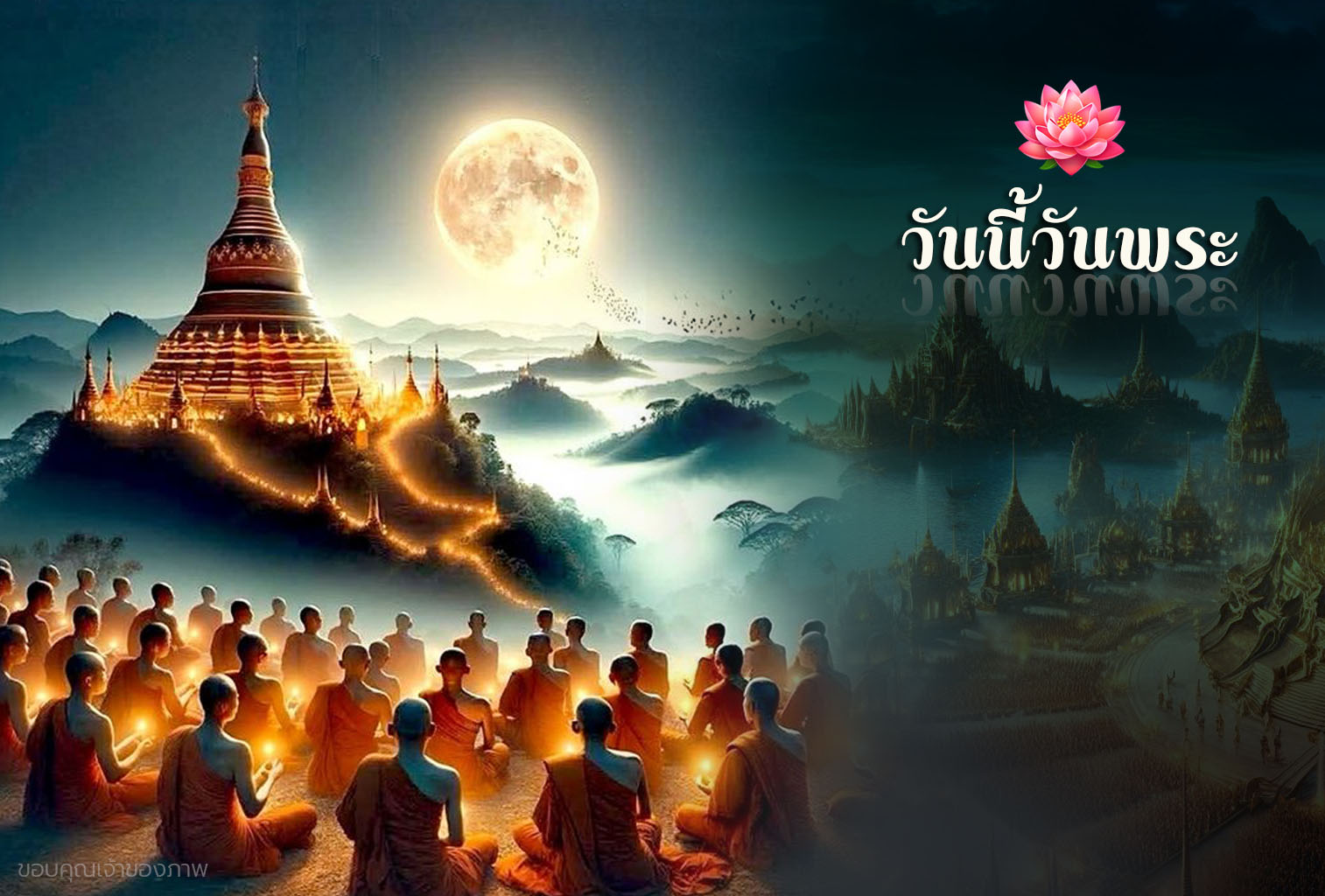 ภาพบรรยากาศวันพระที่มีพระสงฆ์นั่งสมาธิและทำบุญที่วัด สื่อถึงความสงบสุขและการปฏิบัติธรรมในวันสำคัญ.