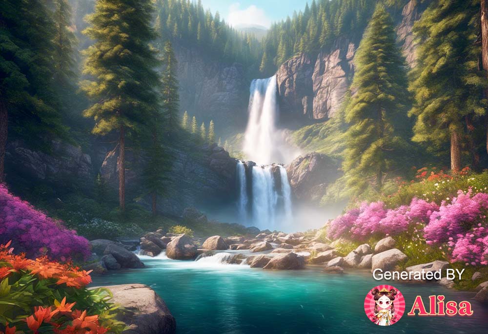 ภาพน้ำตกที่สวยงามในป่าเขียวขจี พร้อมด้วยภูเขาและดอกไม้ที่สดใส เป็นสถานที่ที่เหมาะสำหรับการพักผ่อนท่ามกลางธรรมชาติ
