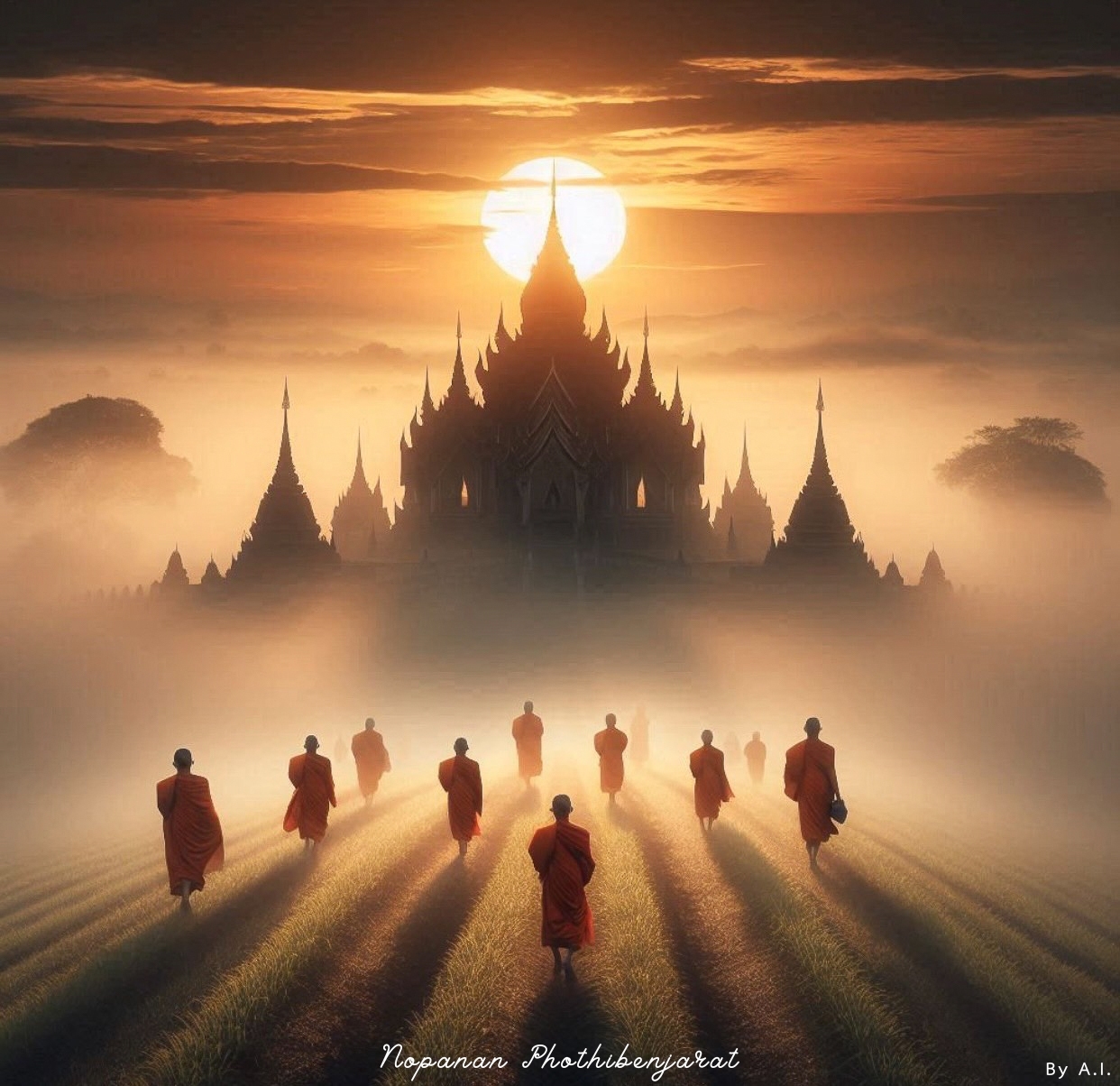 ภาพสวยงามของพระสงฆ์ที่เดินผ่านทุ่งนาไปยังวัดในยามเช้า สะท้อนถึงความสงบและความศักดิ์สิทธิ์ของพระพุทธศาสนา