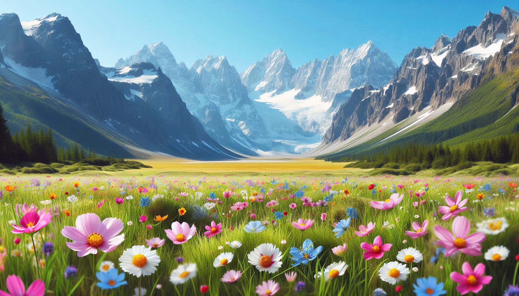 ภาพของทุ่งดอกไม้ที่เต็มไปด้วยสีสันอยู่ท่ามกลางภูเขาและธารน้ำแข็งที่สวยงาม