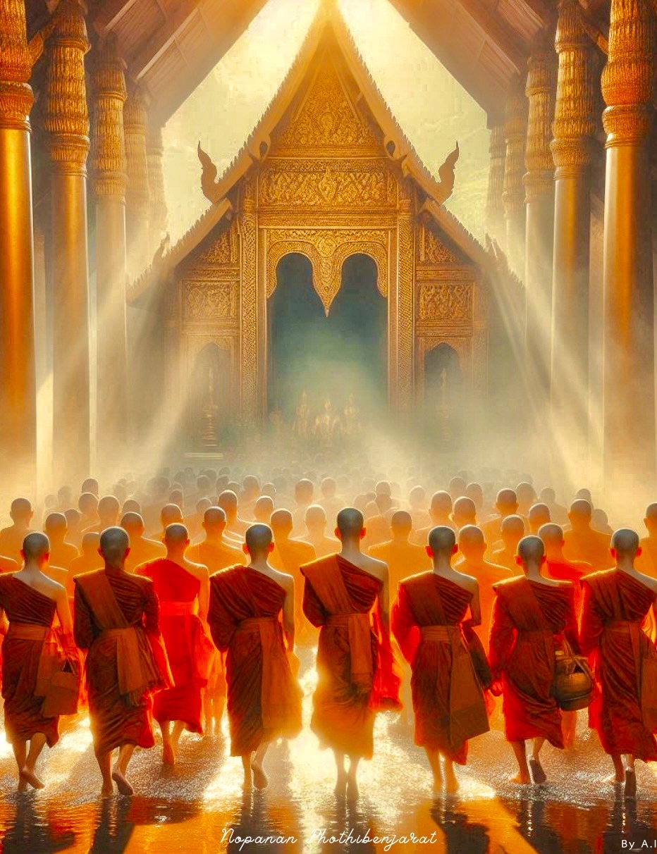 ภาพพระภิกษุจำนวนมากในชุดจีวรสีส้มภายในวัดที่มีแสงสว่างส่องผ่าน เป็นสัญลักษณ์ของการทำสมาธิและการปฏิบัติธรรมในพุทธศาสนา