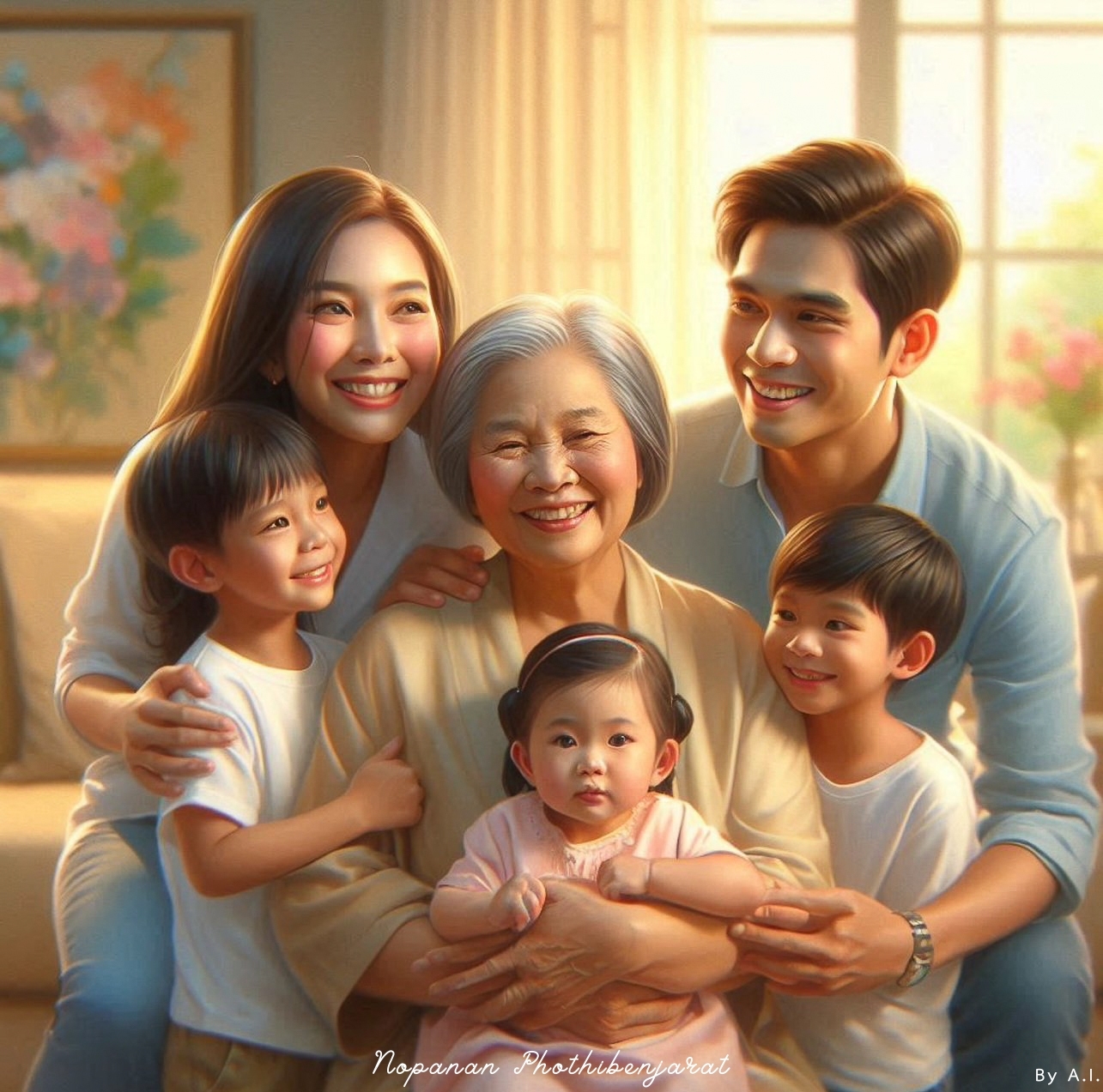 ภาพของครอบครัวที่อบอุ่น ประกอบไปด้วยสมาชิกหลากหลายวัย ทั้งลูกและหลานที่มอบความรักให้กับคุณยายในบ้านที่อบอุ่น พร้อมแสดงถึงความผูกพันและความสุขในครอบครัว
