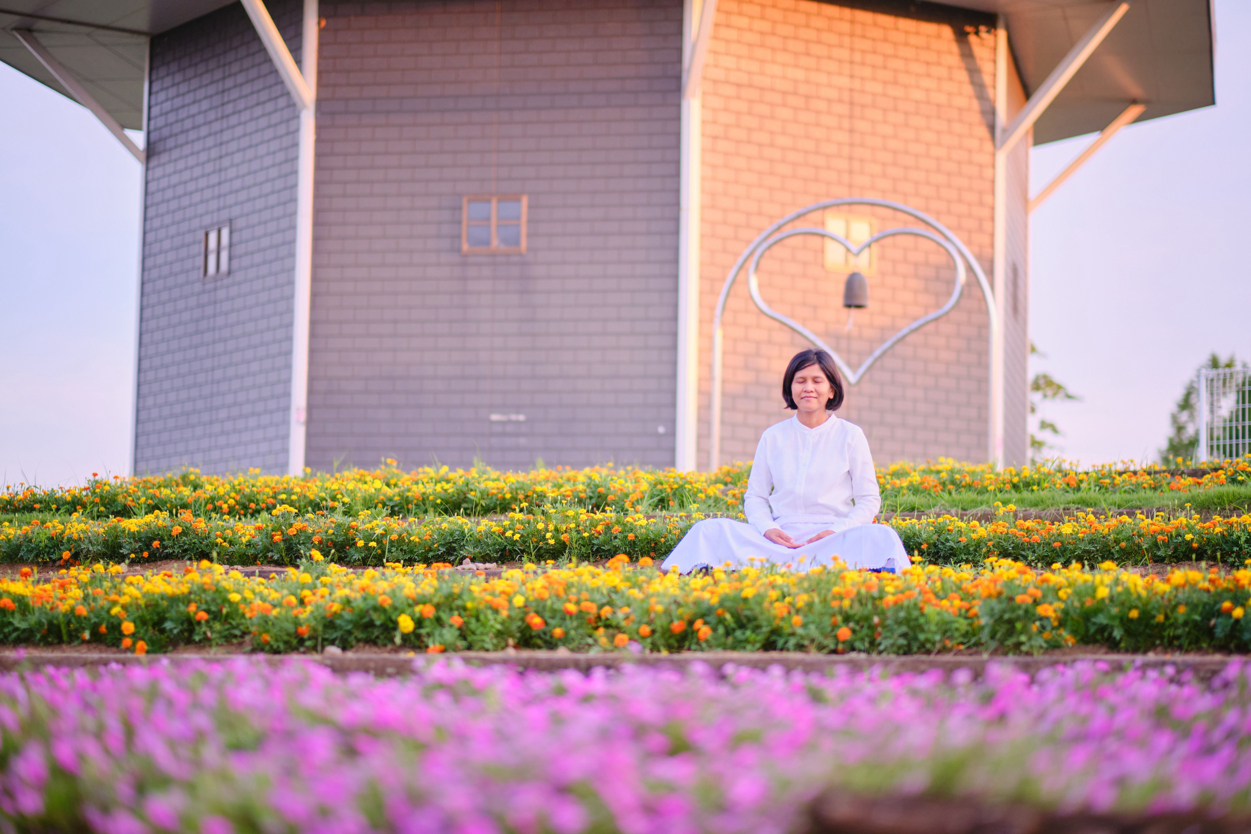 หญิงสาวนั่งกลางสวนดอกไม้สวยงาม