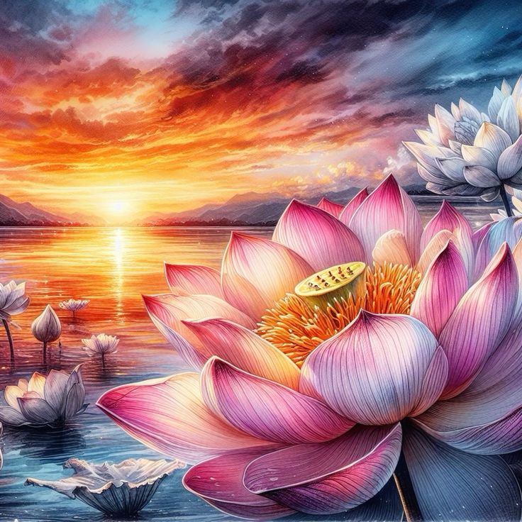 ภาพของดอกบัวที่บานเต็มที่ในทะเลสาบในช่วงเวลาพระอาทิตย์ตก สวยงามด้วยสีสันที่อบอุ่นและน้ำที่เงียบสงบ เหมาะสำหรับผู้ที่รักธรรมชาติและศิลปะ