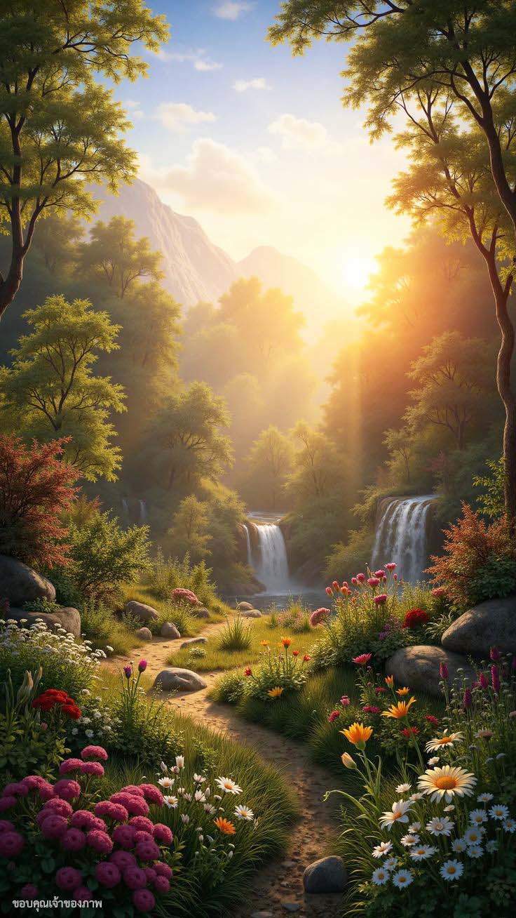ภาพทิวทัศน์ธรรมชาติที่สวยงามมีน้ำตกสองแห่ง รายล้อมไปด้วยต้นไม้และดอกไม้หลากสีสัน พร้อมแสงอาทิตย์ส่องลงมาในยามเช้า