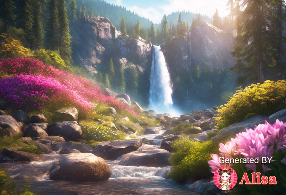 ภาพน้ำตกที่สวยงามท่ามกลางธรรมชาติ มีดอกไม้หลากสีและภูเขาที่เขียวขจี เปลี่ยนบรรยากาศให้สดชื่น