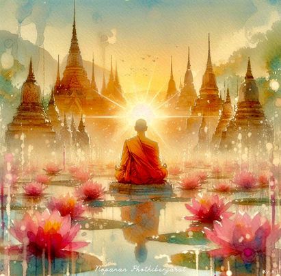 ภาพวาดพระสงฆ์นั่งสมาธิในบรรยากาศที่เงียบสงบ ท่ามกลางพระเจดีย์และดอกบัวที่บานสะพรั่ง แสดงถึงความสงบและความสุขในจิตใจ.