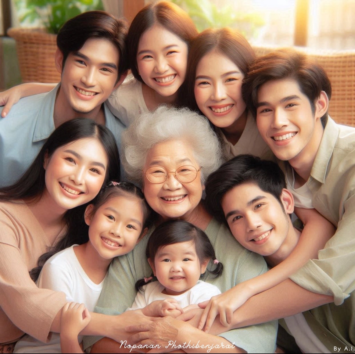 ภาพถ่ายของครอบครัวที่มีความสุข ร่วมกันในบรรยากาศอบอุ่น สื่อถึงความรักและความสัมพันธ์ที่แน่นแฟ้นภายในครอบครัว