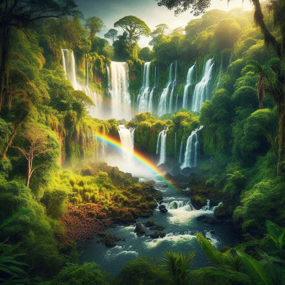 ภาพน้ำตกที่สวยงาม surrounded by lush greenery และมีรุ้งประดับอยู่ในทิวทัศน์ แสดงถึงความงดงามของธรรมชาติ.