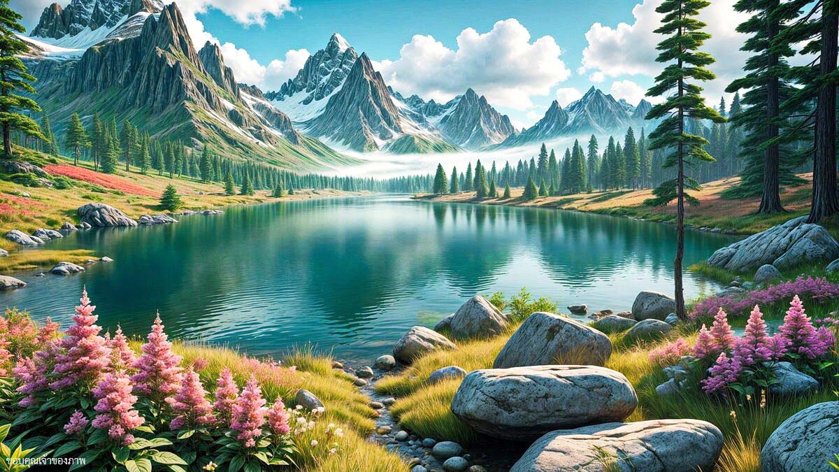 ภาพที่สวยงามของทะเลสาบที่ตั้งอยู่ท่ามกลางภูเขาและธรรมชาติ ต้นไม้และดอกไม้สีชมพูเพิ่มความงามให้กับทิวทัศน์