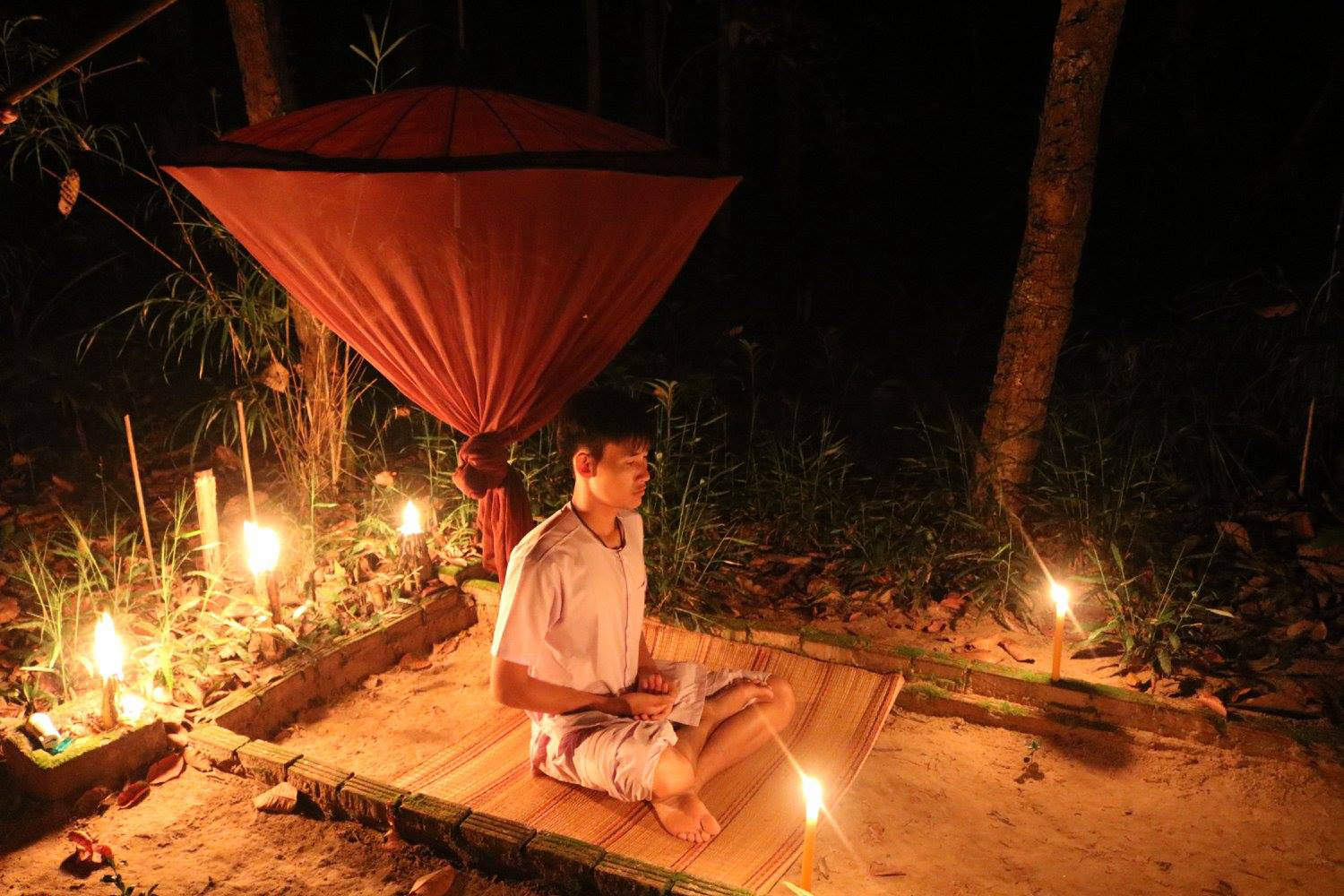 การนั่งสมาธิใต้แสงไฟในสวนธรรมชาติ