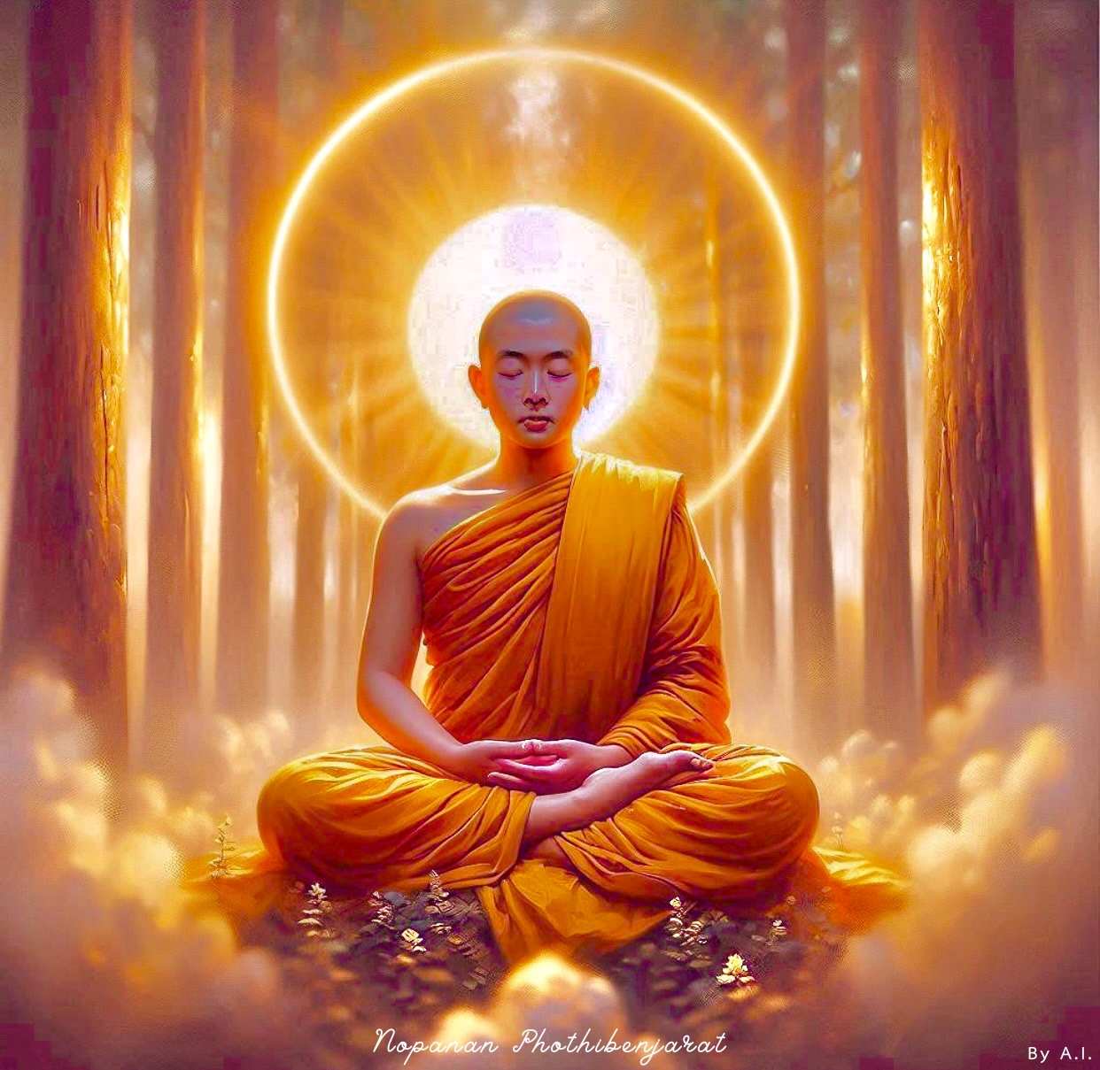 ภาพพระสงฆ์นั่งสมาธิท่ามกลางธรรมชาติ แสดงถึงความสงบและศรัทธาในพุทธศาสนาที่มีความหล่อเหลาของธรรมชาติเป็นฉากหลัง