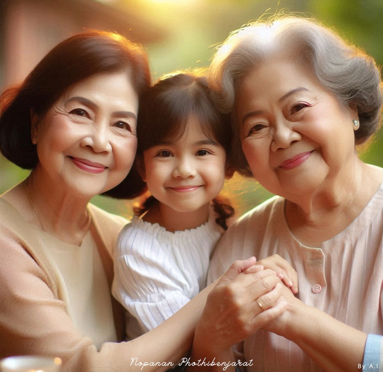 ภาพที่แสดงถึงความรักและความอบอุ่นระหว่างสามรุ่นในครอบครัว มีคุณยาย คุณแม่ และเด็กหญิง ยิ้มแย้มในบรรยากาศที่เต็มไปด้วยความรัก