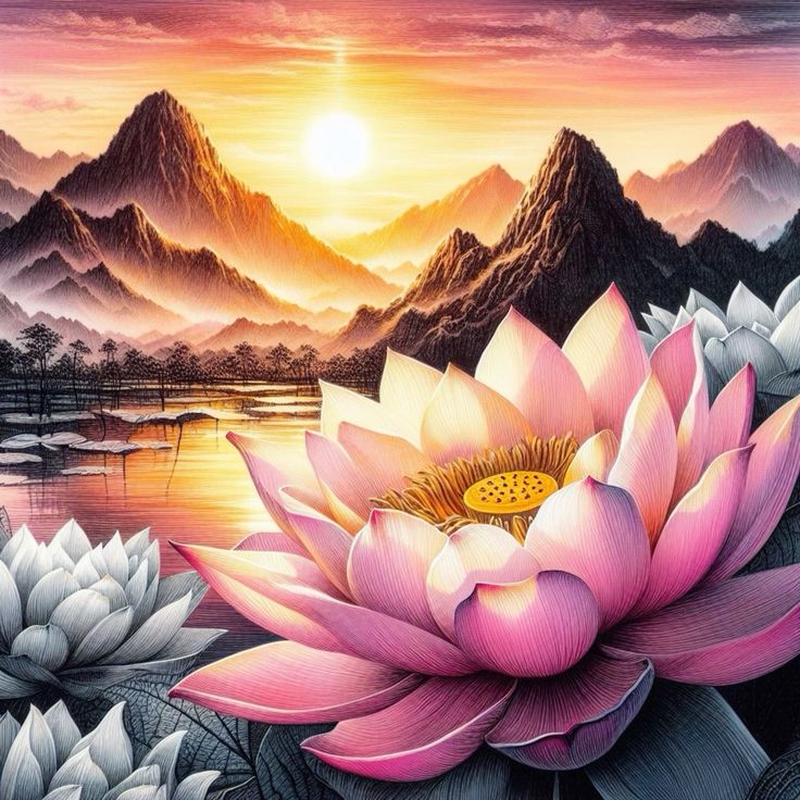 ภาพที่สวยงามของดอกบัวสีน่ารักในช่วงเวลาพระอาทิตย์ตก ด้านหลังมีภูเขาและน้ำสะท้อนสีสันที่อ่อนโยนให้ความรู้สึกสงบและอยากใกล้ชิดธรรมชาติ