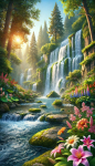 ภาพธรรมชาติที่งดงามของน้ำตกและดอกไม้ในป่า"