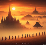 ภาพที่สวยงามของพระอาทิตย์ขึ้นเหนือเมืองโบราณ มีพระภิกษุเดินเรียงรายและวัดที่สถาปัตยกรรมงดงาม แสดงถึงความสงบและบรรยากาศที่น่าหลงใหล