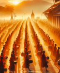 พระสงฆ์เดินบิณฑบาตในรุ่งอรุณ