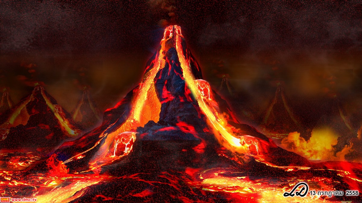 ภูเขาแต่ละลูกจะมีลักษณะเป็นภูเขาไฟที่ปะทุ...ระเบิด...และพ่นลาวา ซึ่งเป็นน้ำโลหะสีแดงที่เดือดและร้อนระอุออกมา