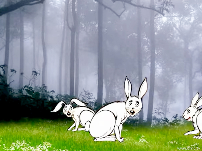 ฝูงกระต่ายทั้งหลายต่างพากันตกใจกับการวิ่งหนีสุดชีวิตของเพื่อนกระต่าย