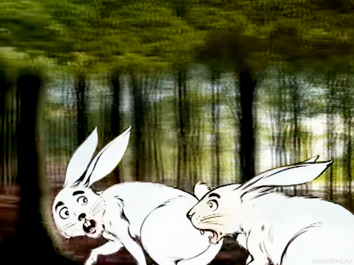 กระต่ายทุกตัวก็ต่างพากันวิ่งตามเจ้ากระต่ายตื่นตูมไปทันทีโดยไม่ได้ถามถึงสาเหตุ