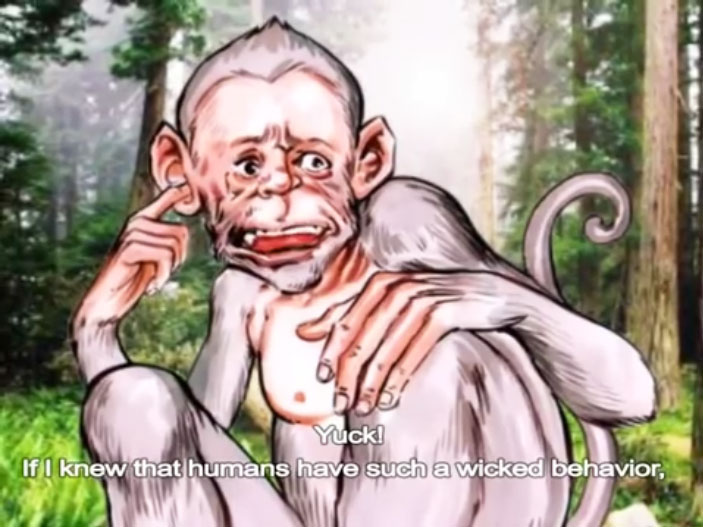 บรรดาลิงทั้งหลายเมื่อได้ฟังเรื่องราวของมนุษย์ต่างก็พากันชำระหูของตน