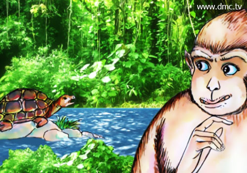เจ้าลิงซุกซนคิดแผนการจะแกล้งเจ้าเต่าในขณะที่นอนหลับผึ่งแดดอยู่ริมแม่น้ำ