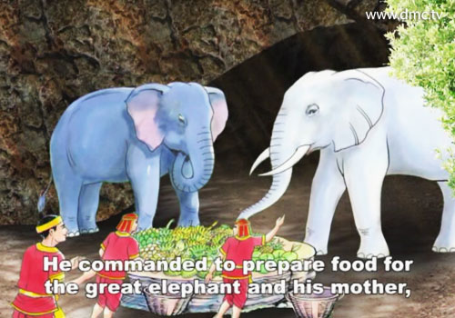 พระราชาทรงให้ทหารนำอาหารมาให้พญาช้างและแม่ช้างเป็นประจำทุกวัน