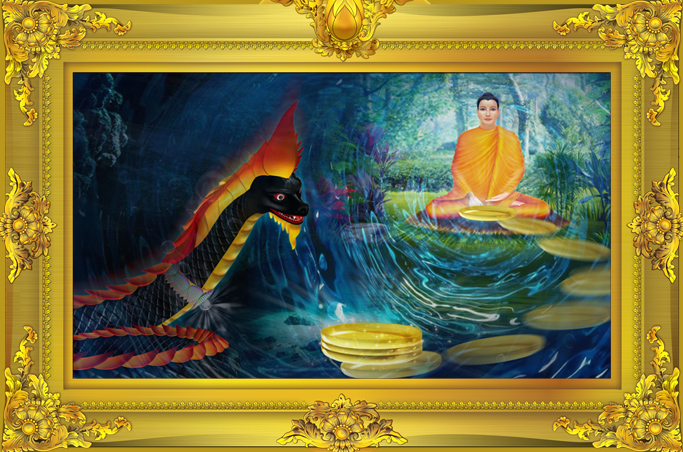 พระพุทธองค์ทรงตั้งจิตอธิษฐานแล้วลอยถาดทองลงแม่น้ำเนรัญชรา