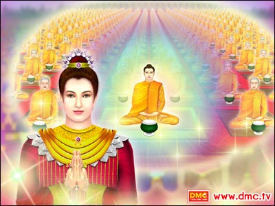 The king used to practice generosity with his wealth by inviting 60,000 monks for alms in the palace daqily. 