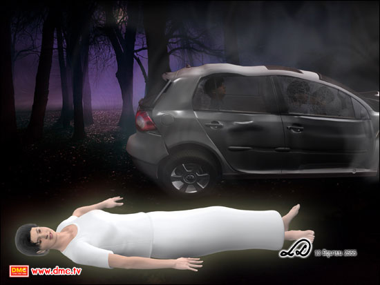 กายละเอียดของท่านก็ได้หลุดออกจากกายหยาบ พร้อมกับกระเด็นออกไปนอกตัวรถแล้วก็มานอนอยู่บนพื้นถนน  